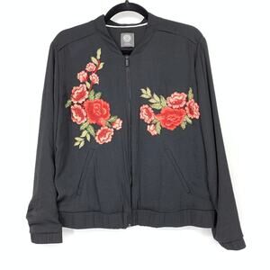 Vince Camuto Women's Sz S Black Basic Jacket Flower Embroidered Zipped Up Casual
